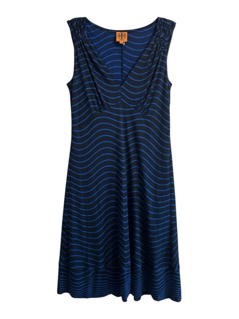 Tory Burch Midi Dress Womens Large Black Blue Silk Stretch Wavy Stripe V-Neck